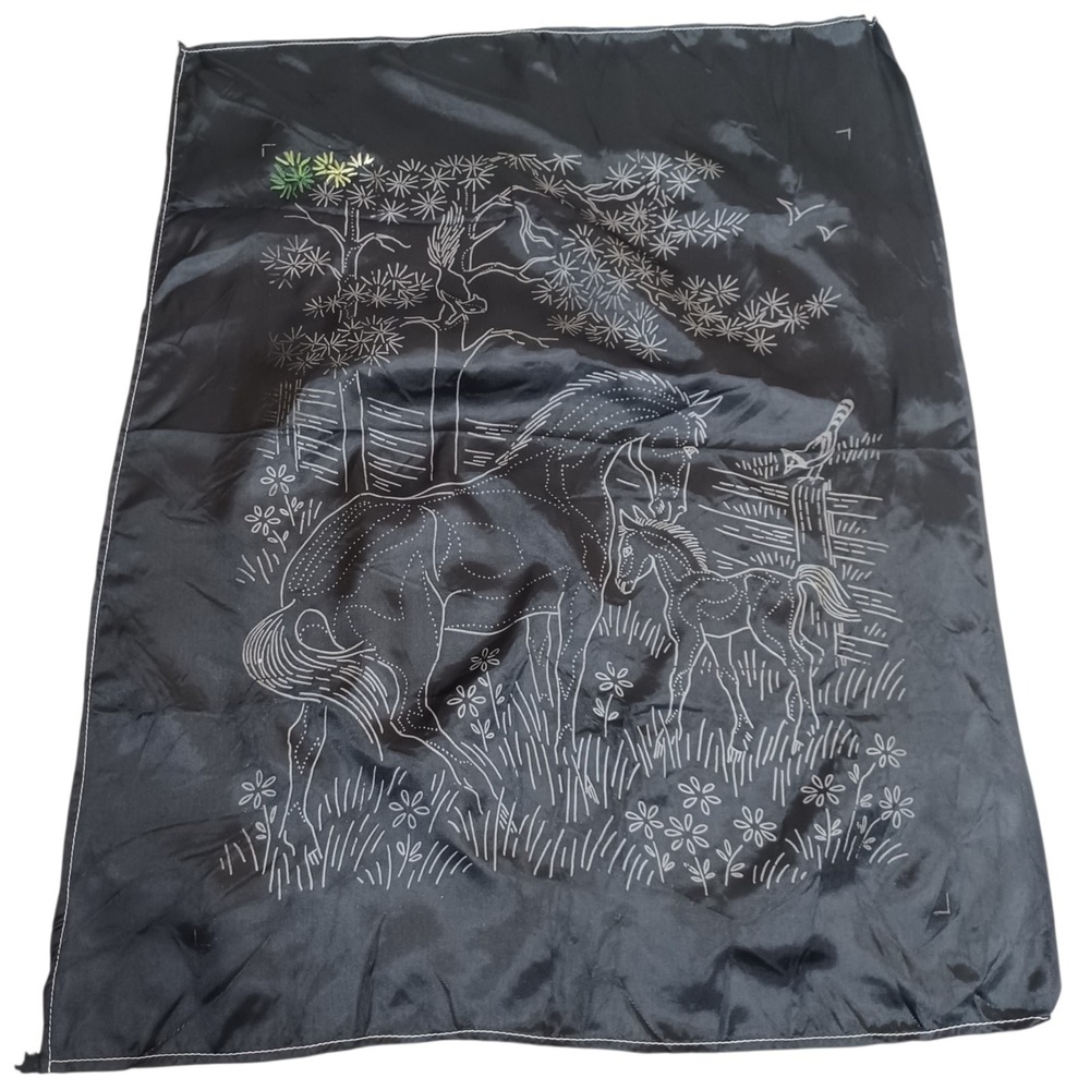 Vintage Satin Needlecraft Unfinished Nature Horse Pillow Single Panel Black‎